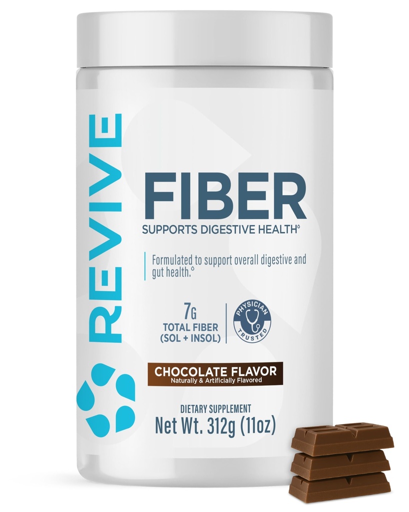 Revive MD Fiber Supliment pentru Digestive & Sanatate Gut - 5g de Fibră dietetică sprijină un sistem digestiv sănătos cu Psyllium Husk & More - 30 Serviri, Ciocolată