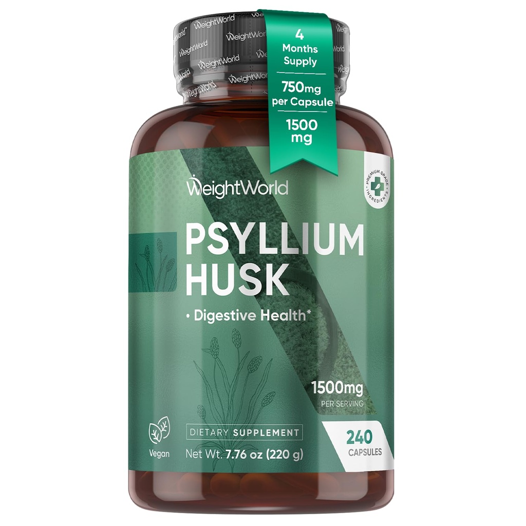 WeightWorld Psyllium Husk Capsules 1500mg Per Serving, 240 Capsule Vegan - 4 luni de aprovizionare - pentru Digestive Health - Daily Psyllium Husk Fiber Supplement - Non-GMO, GMP-Apoved, & Allergen-Free