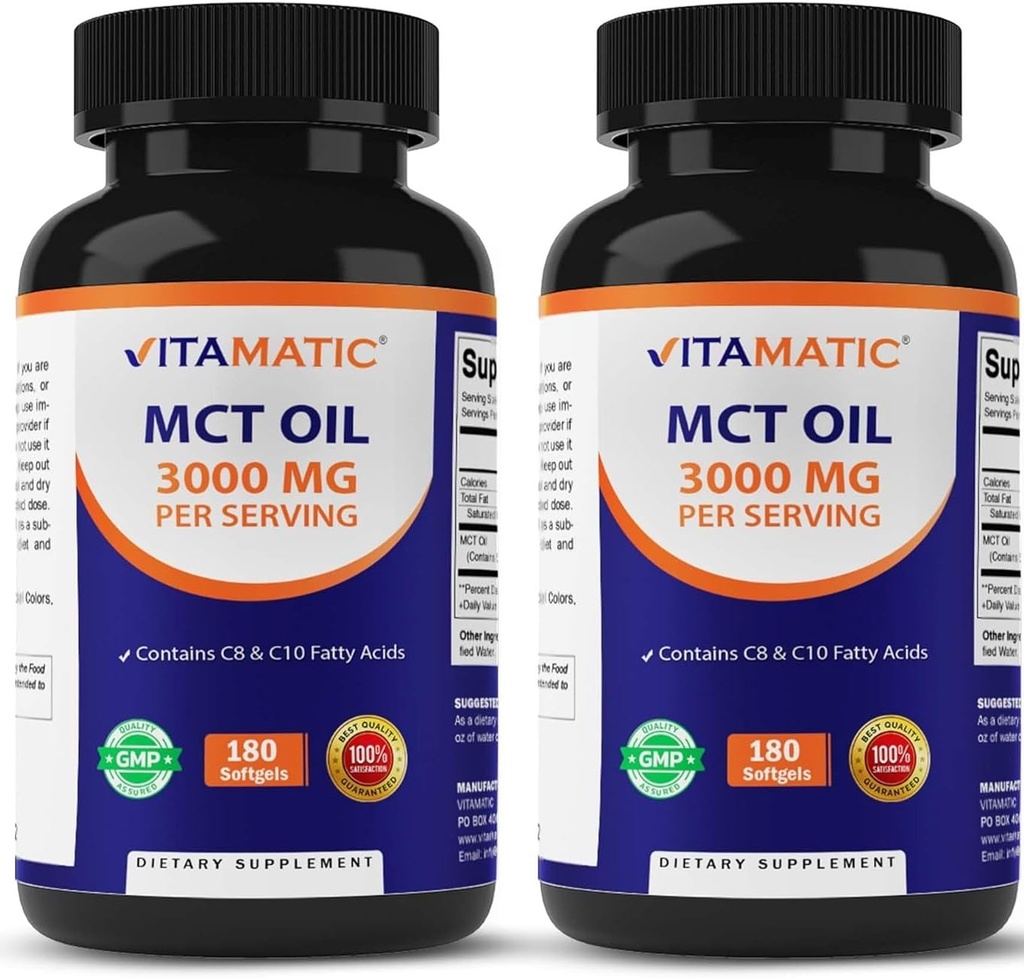 Vitamatic 2 Packs Capsule de ulei MCT 3000 mg per Serving - 180 Softgels - din ulei de cocos - conține 55% acid caprilic C8 și 40% acid capric C10 (Total 360 Softgel)