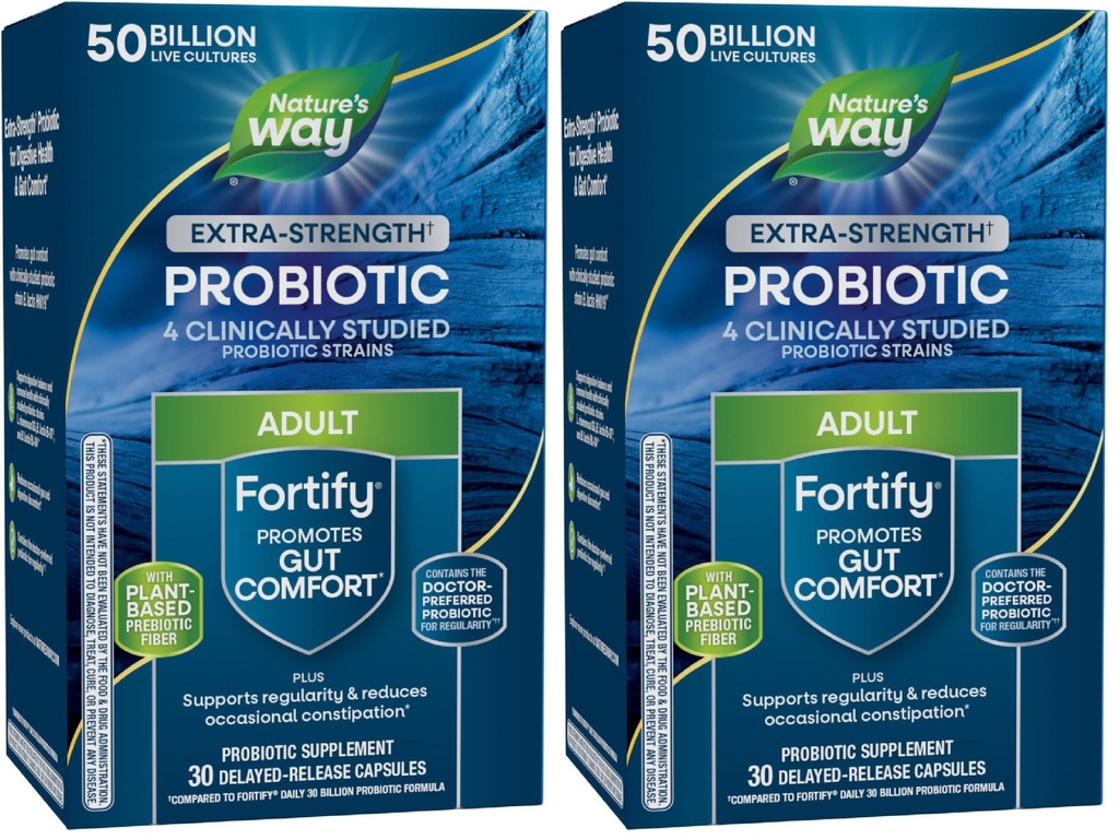 Natura's Way Extra Force (1) Fortify Probiotic,Probiotice pentru Digestive Health,Prebiotics,50 Miliarde Cultura live,Digestive & Immune Health Support*,30 Capsules, (Pachet de 2)