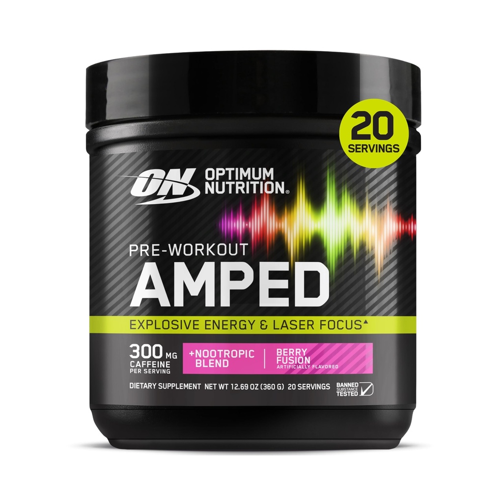 Optimum Nutrition Amped Pre-Workout, cu Citrulline, Beta-Alanină, Nootrops și 300mg de Cafeina pentru Energie, Berry Fusion, 20 Serviri (Packaging May Vary)