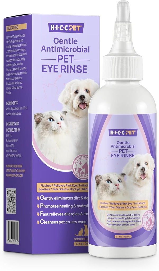 HICC PET Dog ochi picături 5.1 fl oz picături ochi pentru câini și pisici Vet-recomandat câine tratament infecție ochi pentru a Soothe infecție alergie, liniște ochi uscat ochi roz, Pet Tear Stain Cleaner
