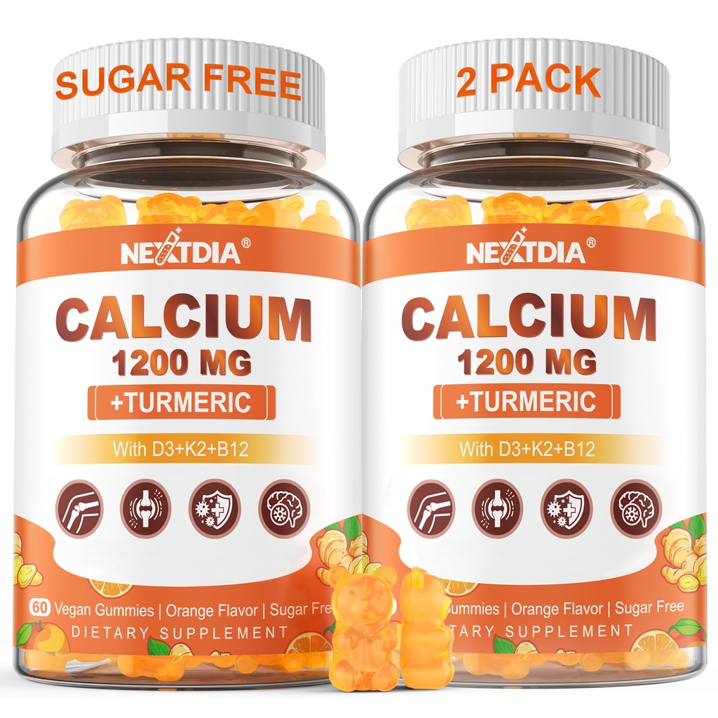 Calciu 1200 mg cu vitamina D3 Gume - Calciu + Supliment Turmeric pentru femei și bărbați cu vitamina K2 B12 - Suport Bone & Musculare - Zahăr fără - Vegan (120 Conte)