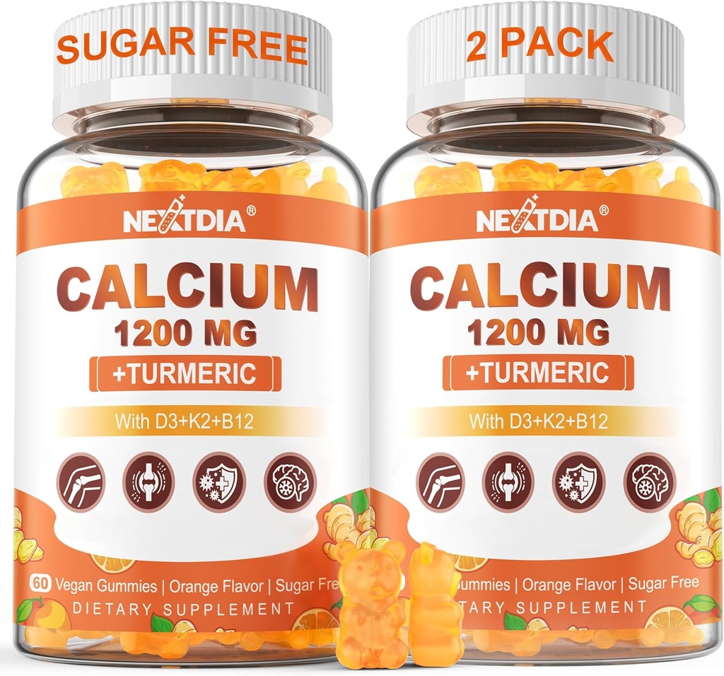 Calciu 1200 mg cu vitamina D3 Gume - Calciu + Supliment Turmeric pentru femei și bărbați cu vitamina K2 B12 - Suport Bone & Musculare - Zahăr fără - Vegan (120 Conte)