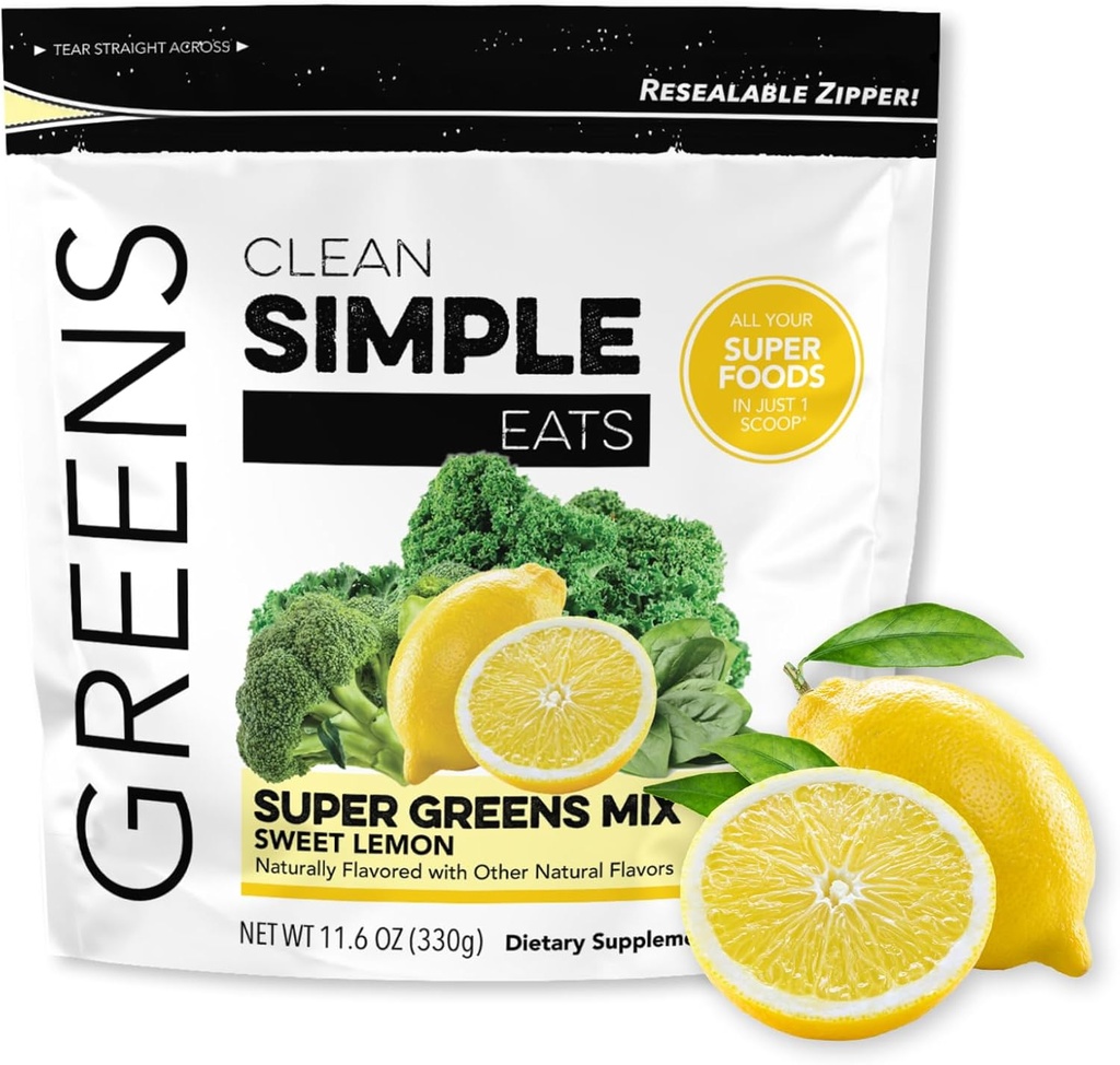 Curat simplu Mănâncă Super Greens Pulbere, Verzi arostat natural pulbere cu Chlorella, Spirulina, Superfoods & Prebiotic Fiber, Fără Ingrediente artificiale, Gluten gratuit, Aroma de lămâie dulce, 30 Serviri