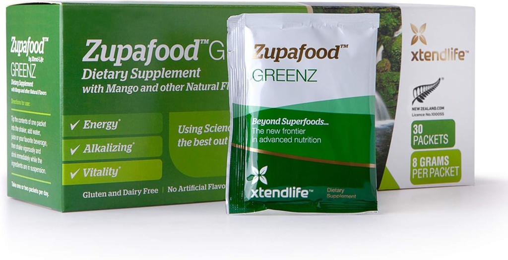 Xtendlife Zupafood GREENZ Powder - Greens organice pulbere Superfood Detoxifiere Suc amestec cu Spirulina/Wheatgrass pentru sanatate Gut, Detoxifiere Naturala si Imunitate puternica 30 Packs (Vegan & Gluten Free)