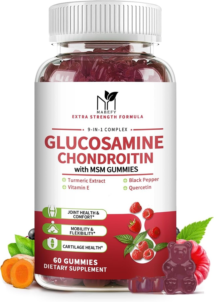 Glucosamină Chondroitin Gummies Triple Putere (1.000 mg Glucosamină,750 mg Chondroitin) cu MSM, Turmeric, Querbetin, Vitamina E, Supliment de sprijin comun, Antioxidant 60 Gummies Aroma de zmeură