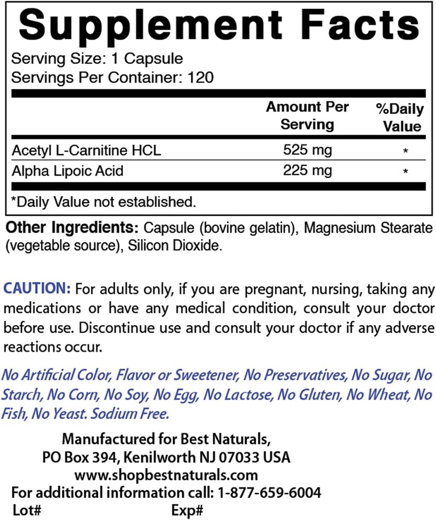 Cele mai bune naturale Acetil L-Carnitina și Alpha Acid lipoic 750 mg și zinc Gluconat 50 mg