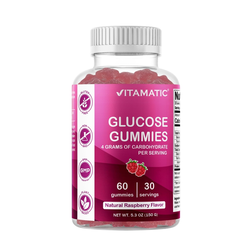 Gumiile masticabile cu glucoză vidamatic - 60 Count - Aroma naturală de zmeură - 4G de Carbohidrat per Serving (1 flacon)