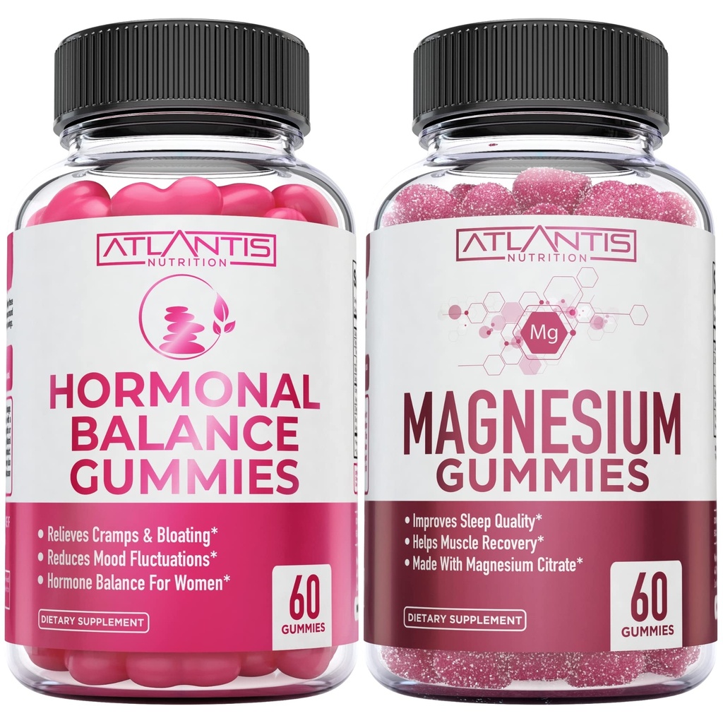 Echilibrul hormonal și Gumiile de magneziu pentru cramps musculare, PMS Gummies Alleviate Blooting & Swings Mood, Magneziu ajută la prevenirea cramps și promovează recuperarea musculare - 60 Vegan Gummies per sticlă
