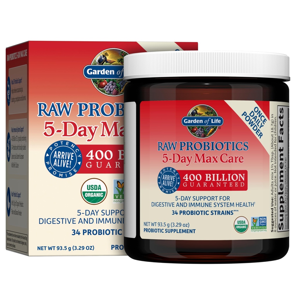 Gradina de viata Probiotice crude 5-Day Max Care - 400 Miliarde CFU - Praf probiotic pentru suport digestiv si imun - Banana, 5 Serviri