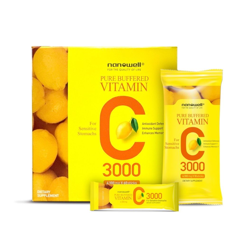 NANOWELL Pure Buffed Vitamina C 3000 mg per Serving, Supliment alimentar pentru suport imunitar - 60 Sticks x 1 Cutie, 2 luni de aprovizionare (60 Conte)