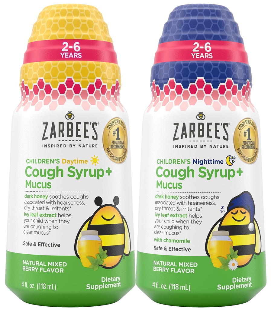 Bundle of Zarbee's Kids Tuse + Mucus Daytime and Nighttime for Children 2-6 with Dark Honey, Ivy Leaf, Zinc & Elderberry, 1 Pediatru Recomandat, Drug & Alcohol-Free, Mixed Berry Flavor, 4FL Oz