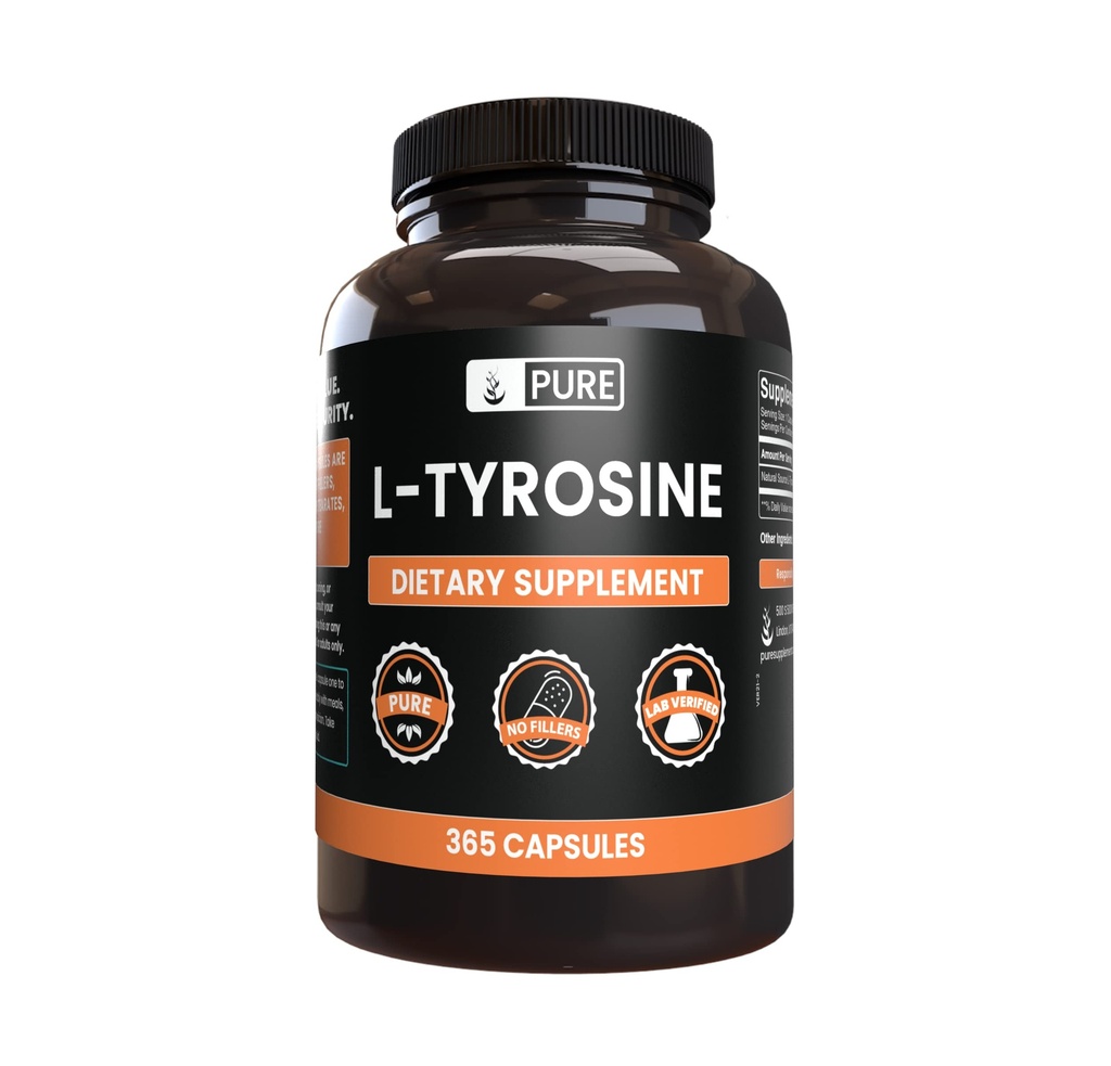 INGREDIENTE ORIGINALE L-Tyrosine (365 capsule) Fără magneziu sau fillere de orez, întotdeauna pure, verificate