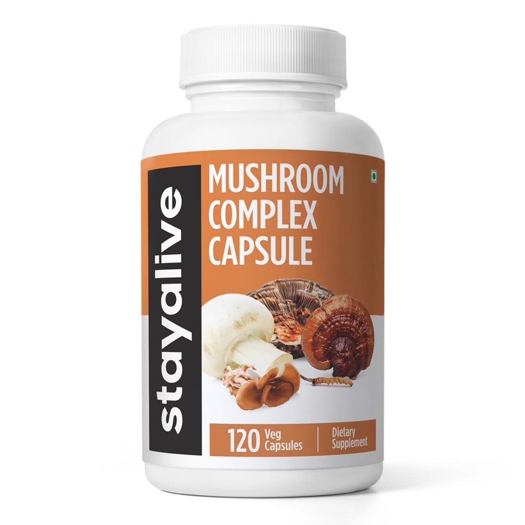 STAY ALIVE Mushroom Complex 1000mg, 6-in-1 Mushroom Supplement w/Lions Mane, Reishi, Chaga, Cordyceps, Maitake și Turcia Extract de pulbere, 120 Vegan pastile, non-GMO & Gluten capsule de plante medicinale libere