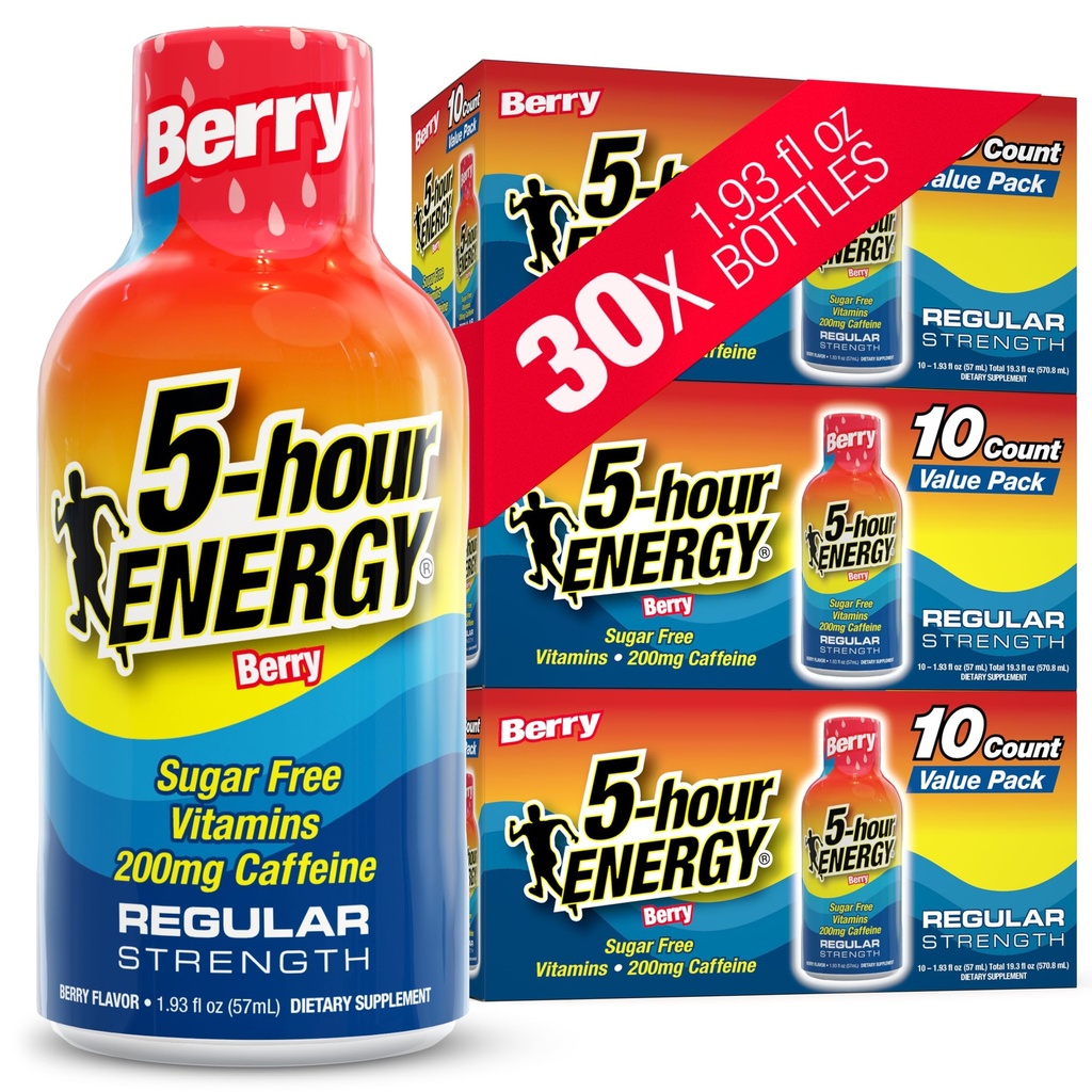 5 ore de energie Shots Putere regulata, Aroma Berry, 30 Conte, 1.93 Fl Oz, Zahar Free, Zero Calorii, Amino Acidi si Vitamine esentiale B, Supliment alimentar, Feel Alert si Energized, 200 mg Cafeina