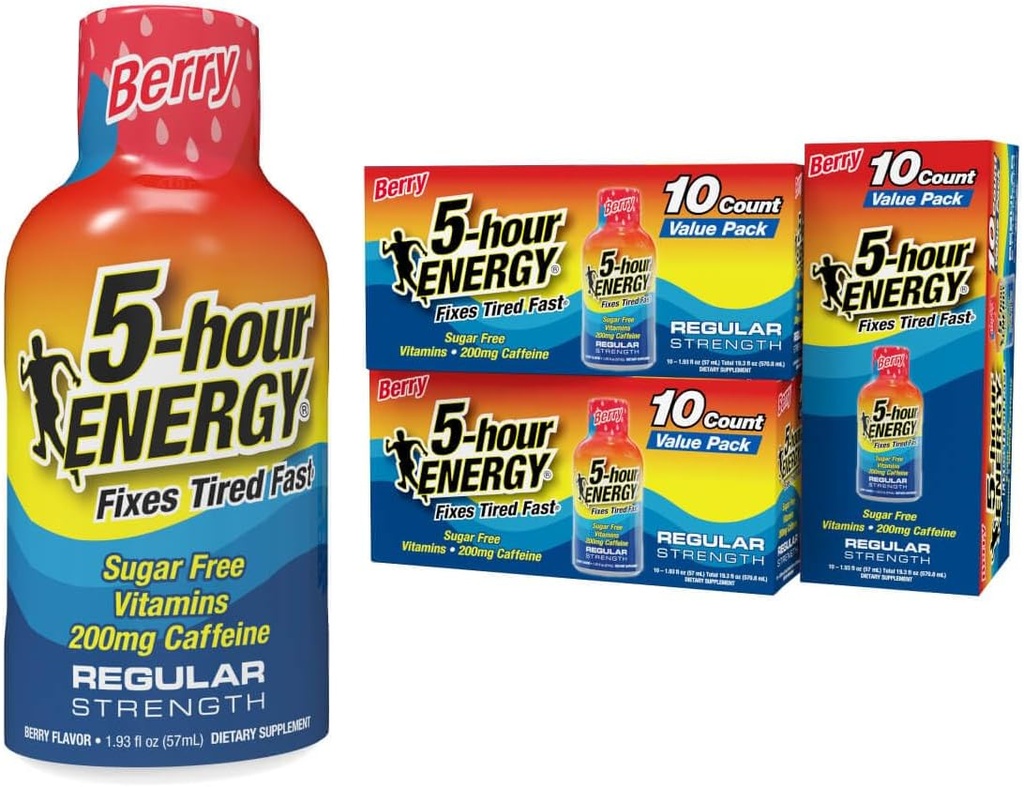 5 ore de energie Shots Putere regulata, Aroma Berry, 30 Conte, 1.93 Fl Oz, Zahar Free, Zero Calorii, Amino Acidi si Vitamine esentiale B, Supliment alimentar, Feel Alert si Energized, 200 mg Cafeina