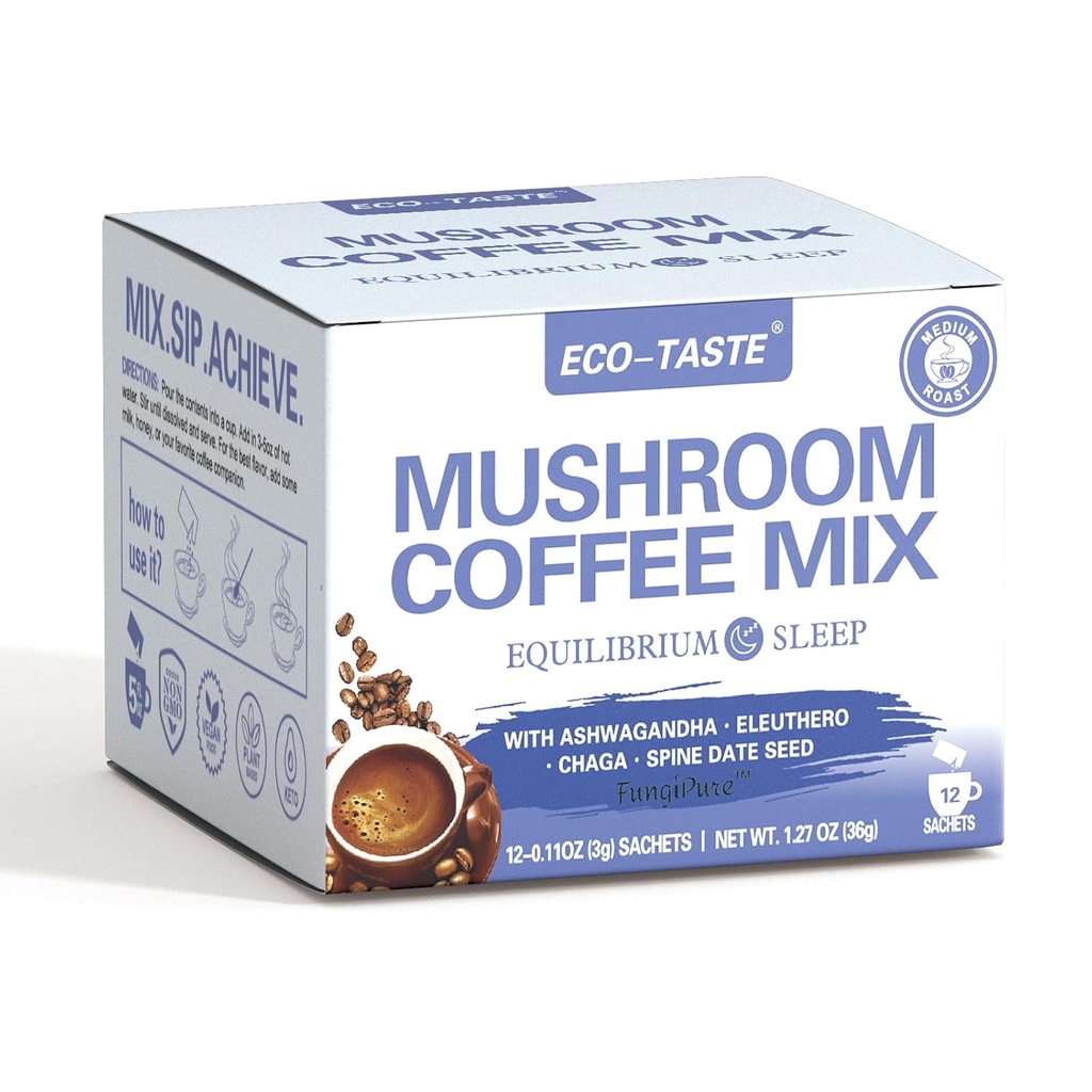 ECO-TASTE Mushroom Coffee Mix, Proiectat pentru echilibru cu Ashwagandha, Eleuthero, Chaga, Spine date seed 