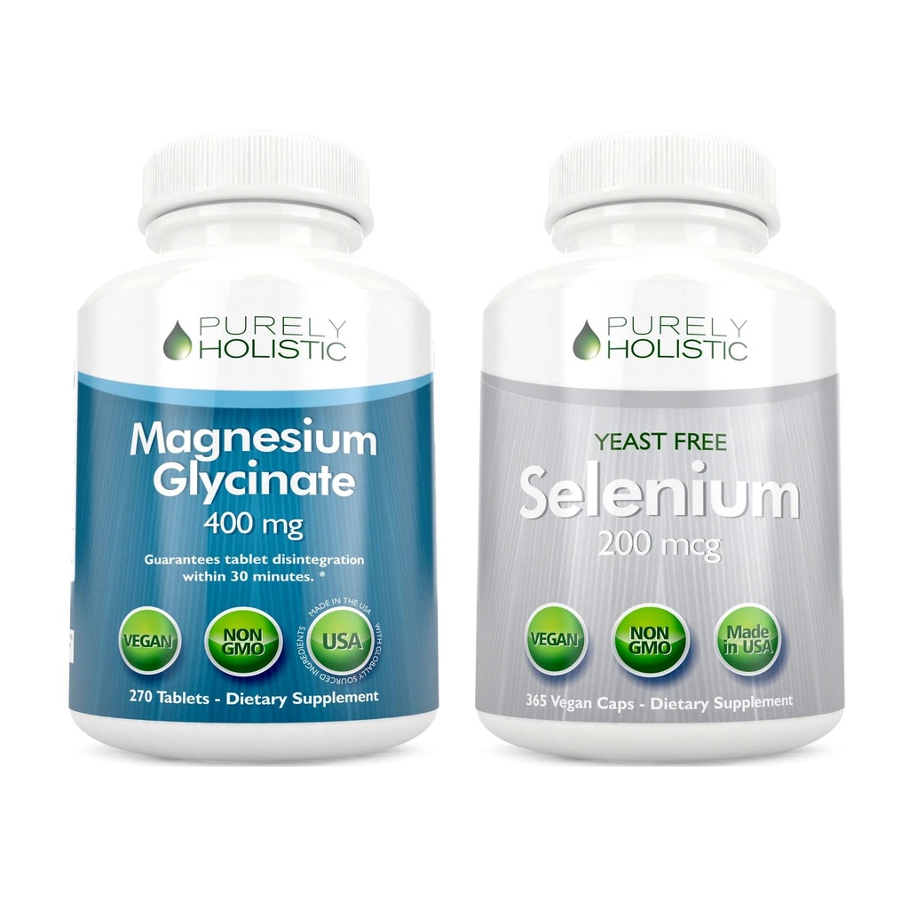 Glicinat de magneziu 400mg + Seleniu 200mcg - Vegan Bundle - 270 comprimate & 365 capsule - Made in USA