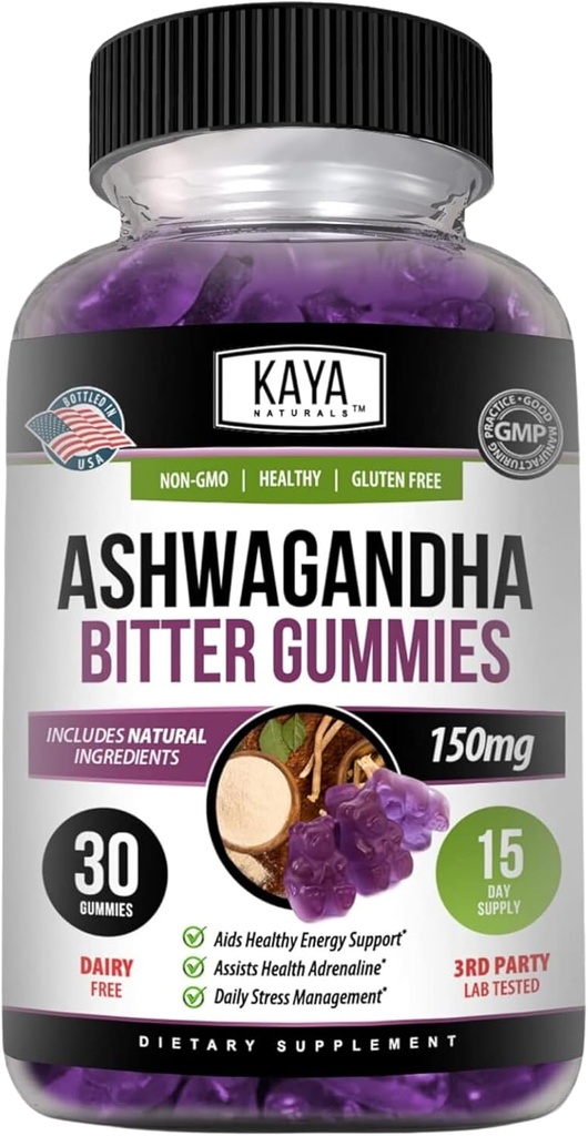 Kaya Naturals Ashwagandha Bitter Gummies - Relief de stres natural, Boost Energy & Mental Clarity, Non-GMO, Gluten-Free, Chembable Gummies - 30 Count