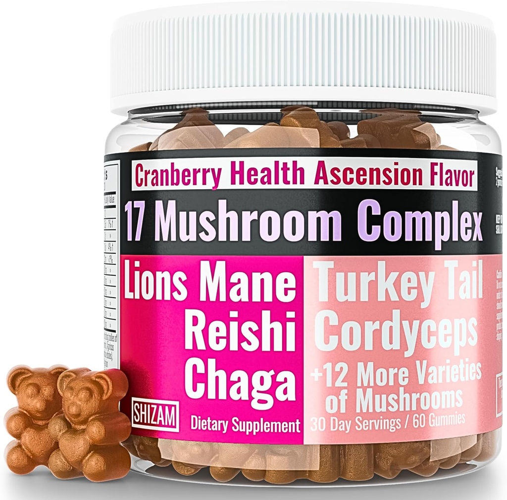 SHIZAM 17 Gumies Complex de ciuperci pentru adulți Chaga Lions Mane Cordyceps Coama lui Reishi Lion Coada Curcanului Turcia Coada, Mai bine supliment zilnic Alt pentru capsule si praf Vitamine Super-Blend 10