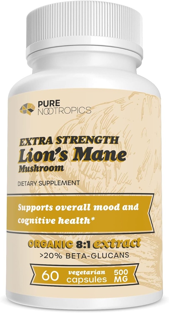 Pure Nootropics - Organic Lion's Mane 8:1 Mushroom 500 mg | Dual Extract | 60 Vegetarian Caps | >20% beta-glucans | Hericium erinaceus | Brain Health