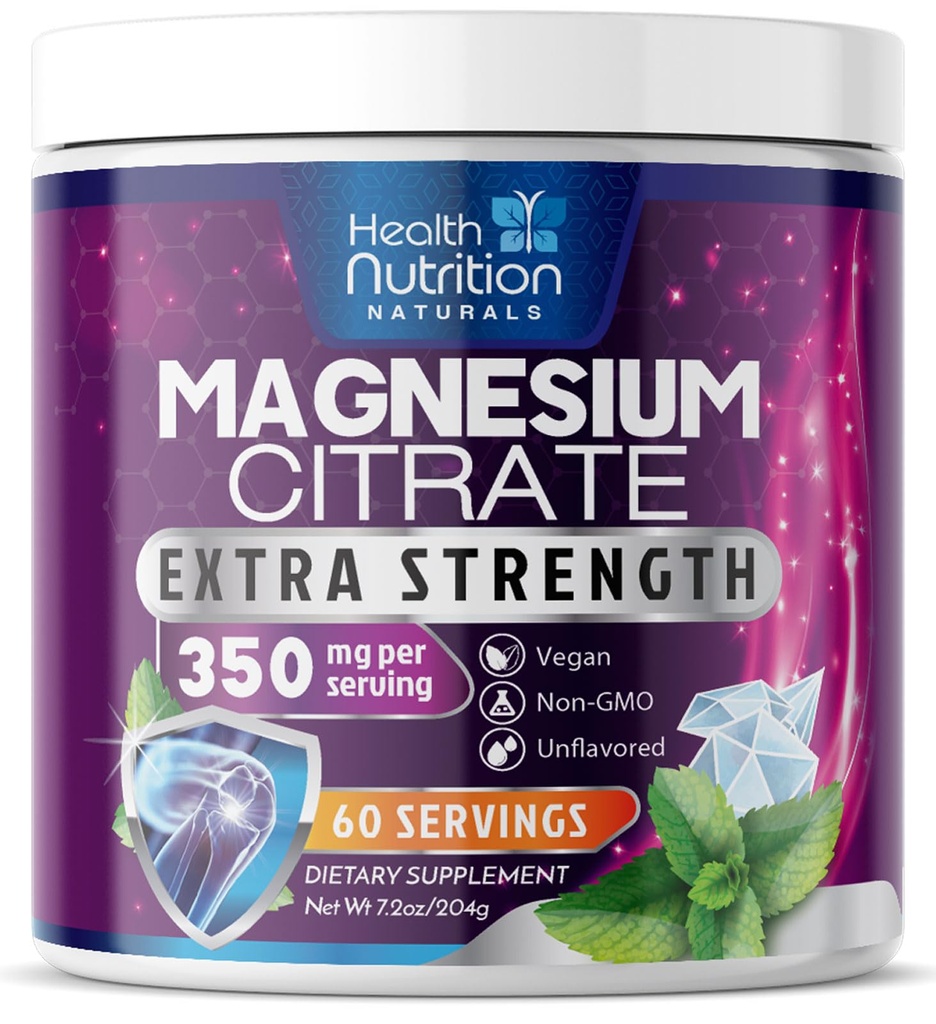 Magneziu Citrat Supliment 350mg - magneziu Citrat pulbere băutură amestec nearomatizat - Mag Citrate & Aquamin Suplimente pentru oase, inimă & suport muscular, Zahăr gratuit, Gluten gratuit, Vegan - 60 Serviri