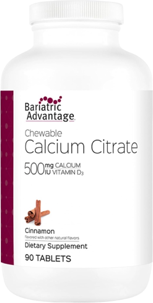 Avantaj bariatric Citrat de calciu Citrate Chemable 500mg cu vitamina D3 pentru pacientii cu interventii chirurgicale bariatrice inclusiv Bypass gastric si Gastrectomie maneca, Aroma de zahar scazut - Scorțișoară, 90 Conte