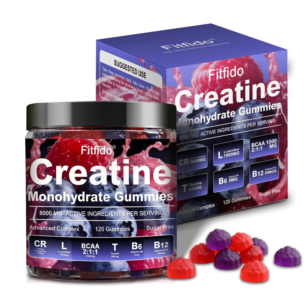 Creatin monohidrat Gummies Complex 8000mg pentru bărbaţi şi femei, care conţine L-carnitină & Taurină, Construcţie musculare, Boost Energy, Recuperare mai rapid, Sugar Free & Vegan, Raspberry & Blackberry, 120 Conte