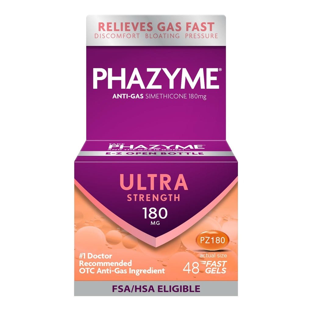 Phazyme Gas Relief, Ultra Putere Gaz şi Blooting Relief pentru adulţi, 180 mg Simethicone Rapid Gels, 48 Conte
