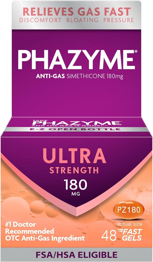 Phazyme Gas Relief, Ultra Putere Gaz şi Blooting Relief pentru adulţi, 180 mg Simethicone Rapid Gels, 48 Conte