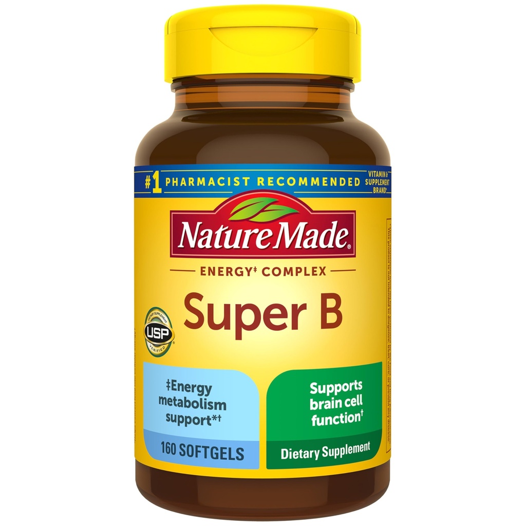 Natura Made Super B Complex Vitamine pentru femei și bărbați, Supliment alimentar pentru suport metabolic energie, Super Vitamina B Complex, 160 Softgels, 160 de zile de aprovizionare