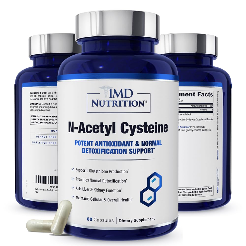 1MD Nutrition NAC Supliment N-Acetyl Cysteine - NAC 600 mg - Antioxidant Supports Detox and Glutatione Production - N Acetilcisteină Supliment respirator pentru sănătatea plămânilor - 60 Capsule