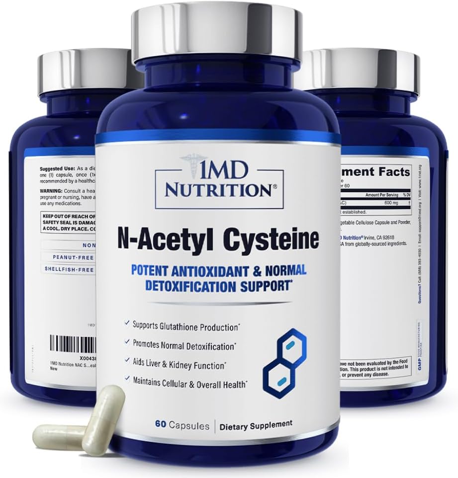 1MD Nutrition NAC Supliment N-Acetyl Cysteine - NAC 600 mg - Antioxidant Supports Detox and Glutatione Production - N Acetilcisteină Supliment respirator pentru sănătatea plămânilor - 60 Capsule