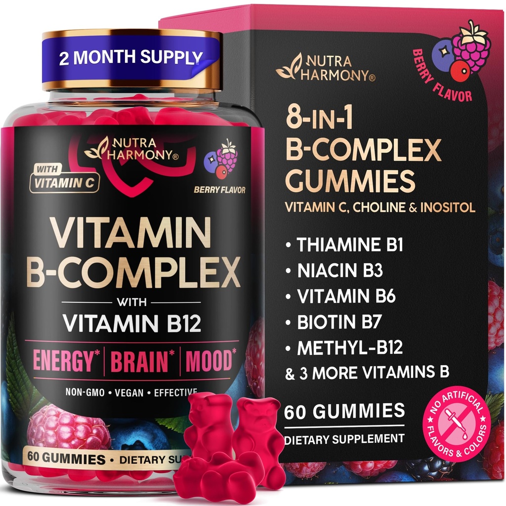Vitamina B-Complex Gummies pentru femei si barbati - Vitamina B12, B1, B2, B3, B5, B6, B7 & B9 - B Complex cu vitamina C & Choline - Energie, Brain & Mood - Aroma naturala de berry, Vegan - 60 Gume pentru 2 luni