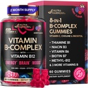 Vitamina B-Complex Gummies pentru femei si barbati - Vitamina B12, B1, B2, B3, B5, B6, B7 & B9 - B Complex cu vitamina C & Choline - Energie, Brain & Mood - Aroma naturala de berry, Vegan - 60 Gume pentru 2 luni