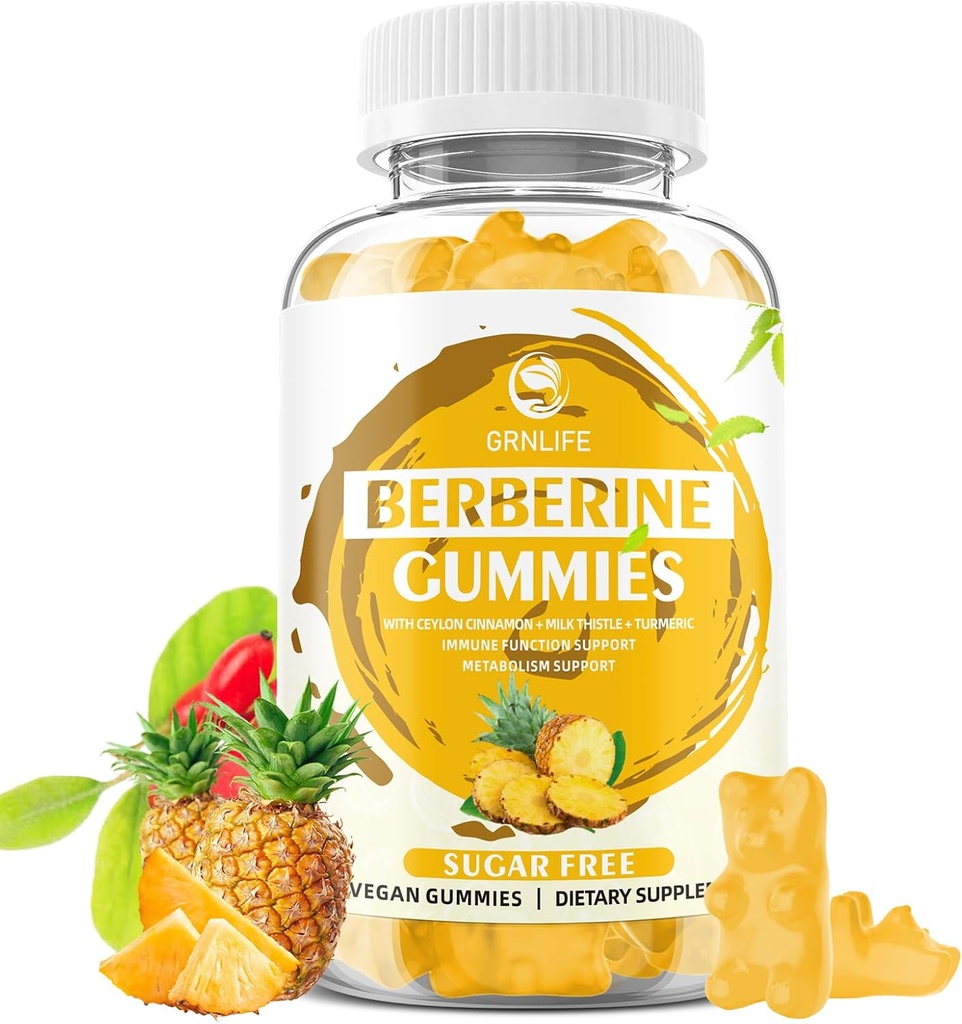 Berberine Gummie cu Ceylon Scorțișoară 1500 mg mare Potenta Berberina HCL Supliment pentru Immun și suport metabolic, Zahăr gratuit, Ananas Flavor - 60 Conte