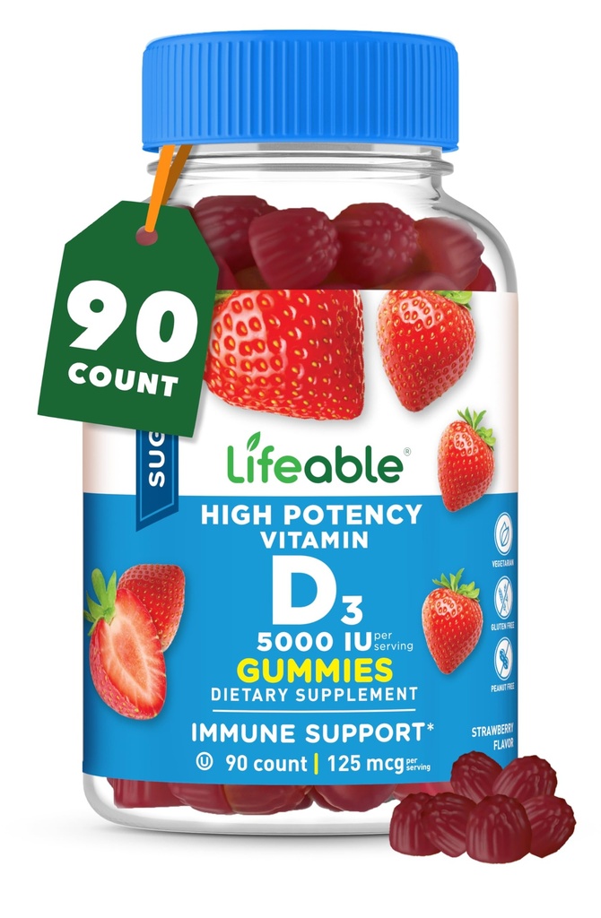 Vitamina D 5000 UI fără zahăr, care poate fi salvată - Suplimentul Gummy cu aroma naturală de mare gust - Gluten Free Vegetarian fără OMG-uri - pentru suport imun şi sănătate osoasă - pentru adulţi - 90 gume