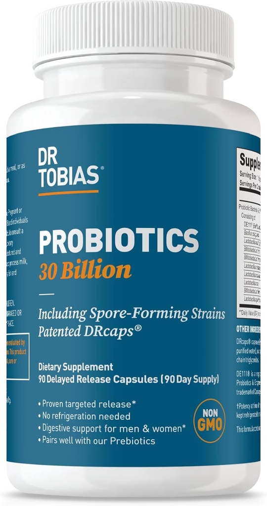 Dr. Tobias Probiotics 30 Billion, 10 Strains, 30 Billion CFU's, Targeted Release Probiotics for Women & Men, Supports Digestive Health, Shelf-Stable, Non-GMO, 90 Capsules, 90 Servings