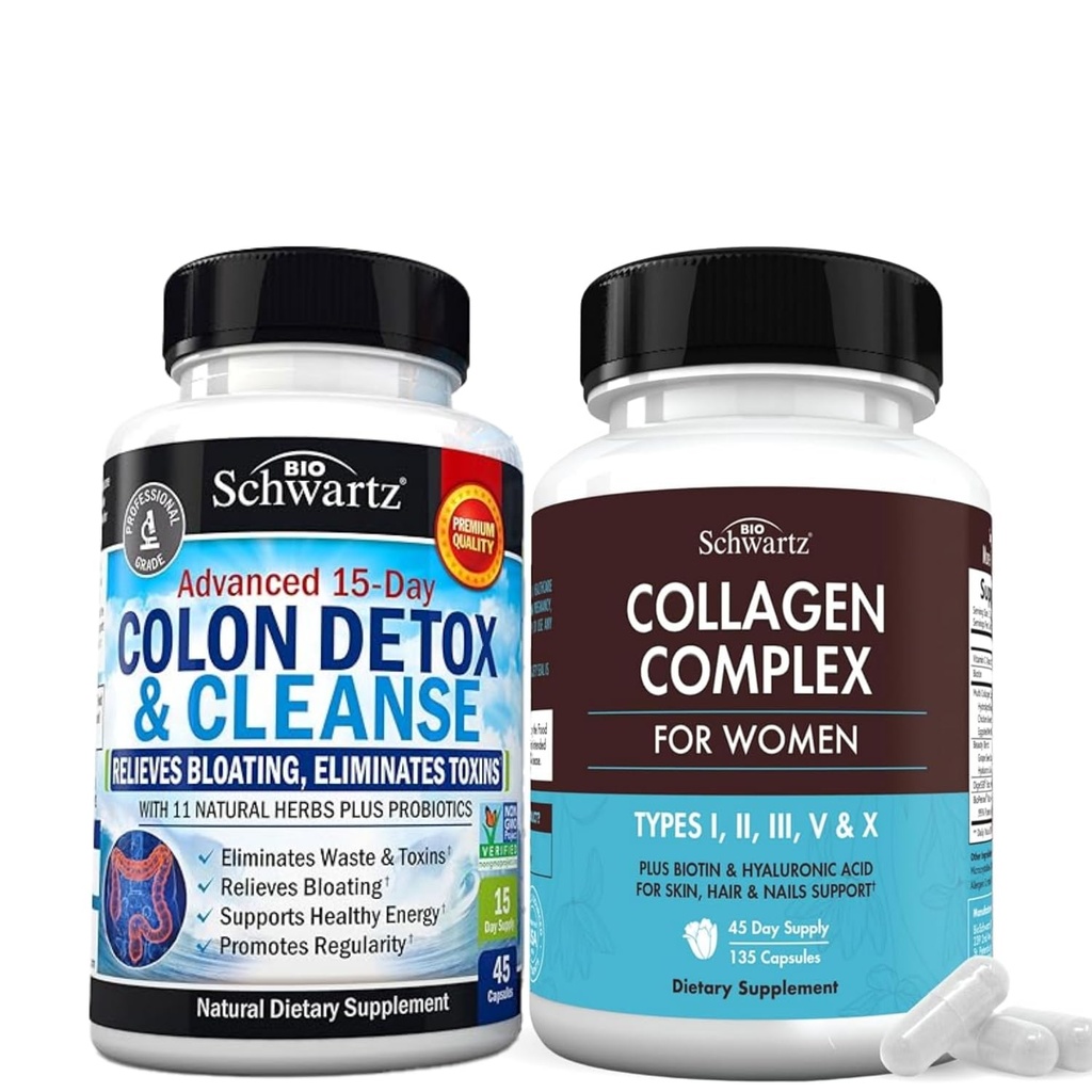 BioSchwartz 15 Day Cleanse pentru Colon și Gut Health Plus Capsule de Colagen Peptide hidrolizate (45 zile de aprovizionare)