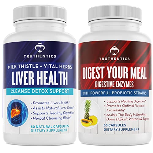 ADEVARATII Sanatate hepatica si enzime digestive Bundle - Suport pentru ficat curata dezintoxicare, digestie, absorbtie nutrienta, gaz ocazional si balonare - Gluten gratuit, non-GMO