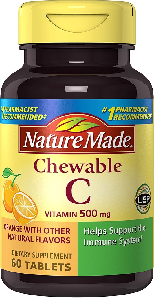 Natura Made Chewable Vitamina C 500 mg tablete, 60 Conte pentru a ajuta la susținerea sistemului imunitar (Pachet de 3)