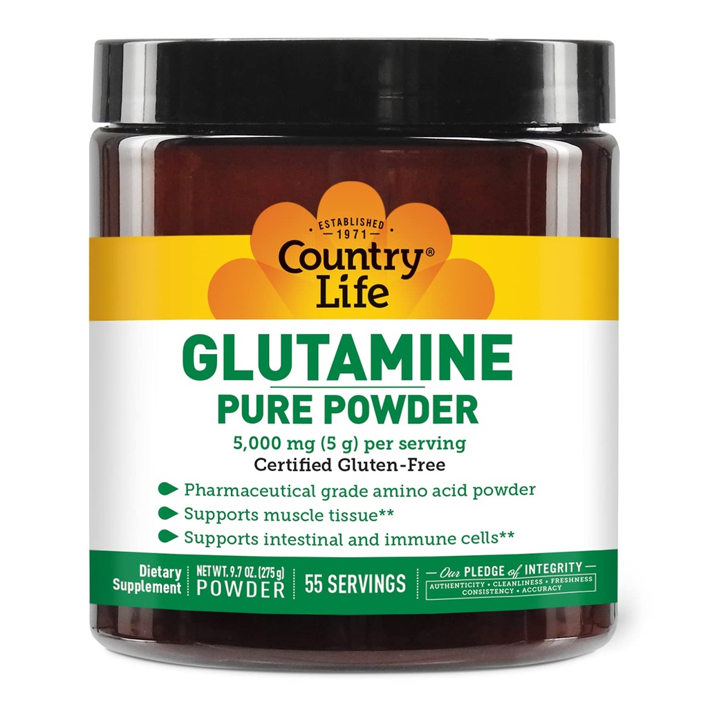 Country Life Glutamina pulbere pură - 5000 mg L-glutamină - tesut muscular, sanatate, suport imunitar - Gluten-Free Certified - Ideal Pre/Post Workout Amino Acid Supliment, 55 Serviri, 9.7oz