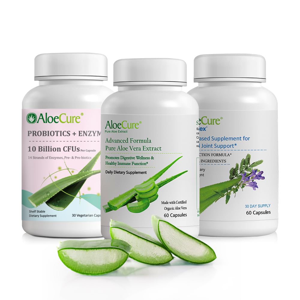 AloeCure Organic Aloe Vera Capsules Pack - 3 piese - VeraFlex, Aloe Vera Capsule, Probiotice + Enzime