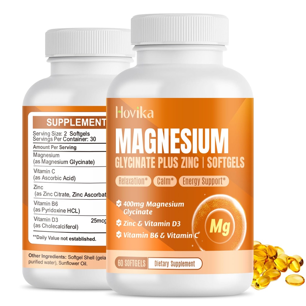 Magneziu Glicinat Supliment Softgels, Magneziu Glicinat 400mg cu zinc, Vitamina B6, C, D3, Magneziu pur pentru somn, Calm, Muscle, Energie, Suport cardiac - 60 Capsule Vegane pentru femei si barbati
