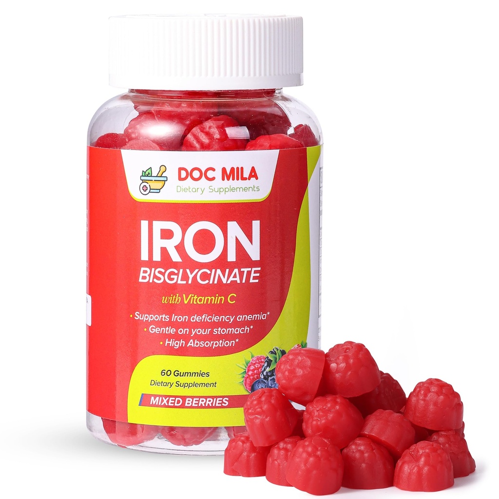 Supliment de fier pentru copii si adulti - Gume Bisglicinat de fier 25mg cu Liposomal VIT C - Supliment de fier Chelated pentru femei si barbati - 60 Gume, 1 luna de aprovizionare