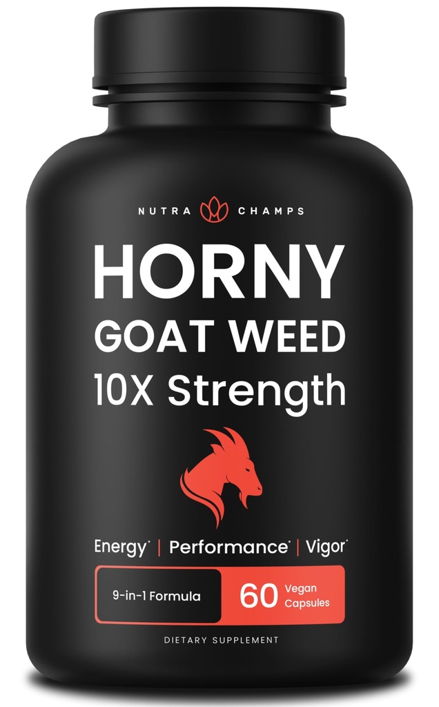 NutraChamps Horny Goat buruieni, 1000 mg Epimediu Suplimentul de energie, 10X Putere Icariin, Ginseng, Tribulus & Maca Pastile pentru femei si barbati, Absorbtie imbunatatita cu Pepper negru, 60 Vegan capsule