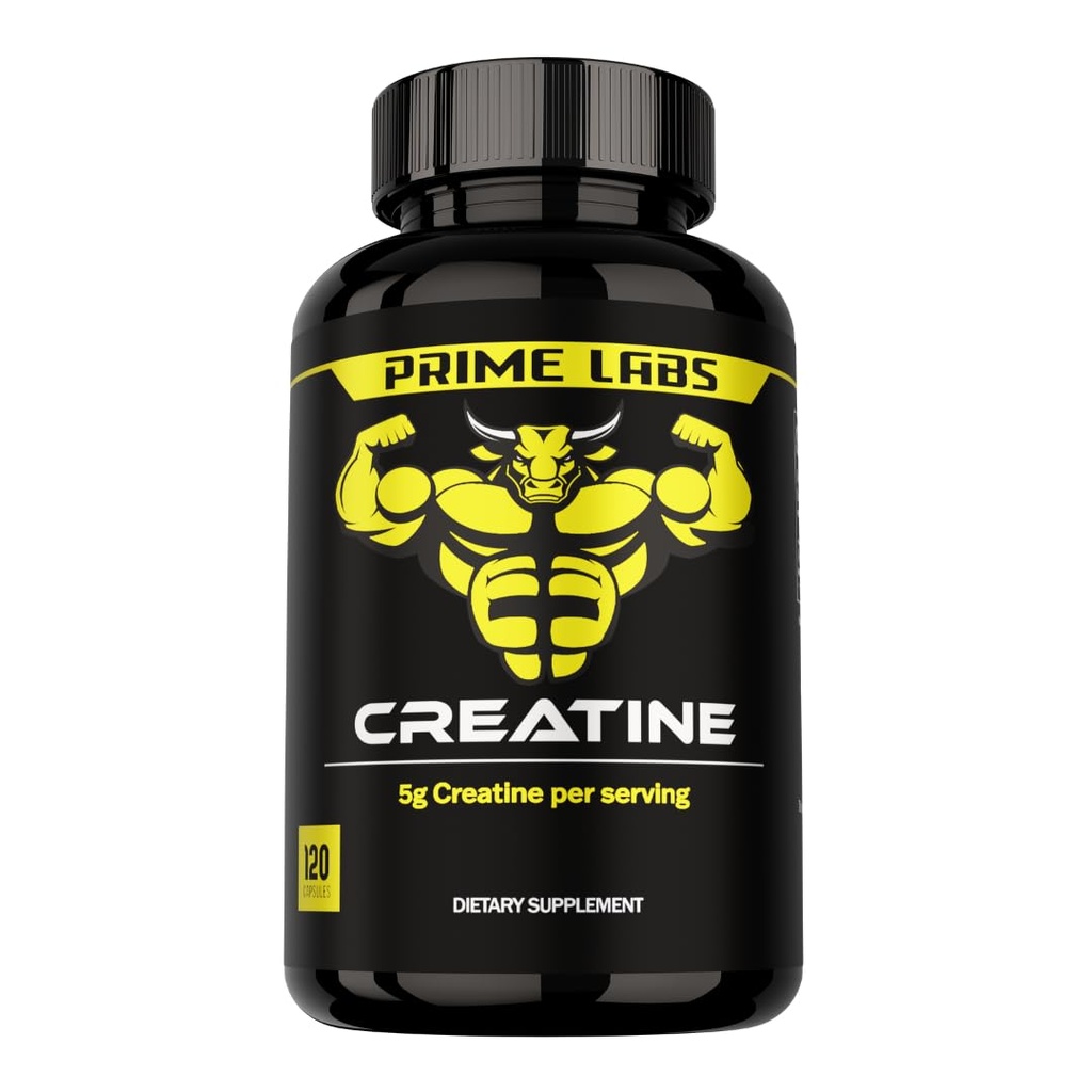Prime Labs Creatina capsule monohidrate - 5g (5000mg) - Creşterea musculară, recuperare, funcţia creierului - pentru bărbaţi şi femei - 120 Conte