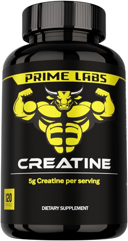 Prime Labs Creatina capsule monohidrate - 5g (5000mg) - Creşterea musculară, recuperare, funcţia creierului - pentru bărbaţi şi femei - 120 Conte