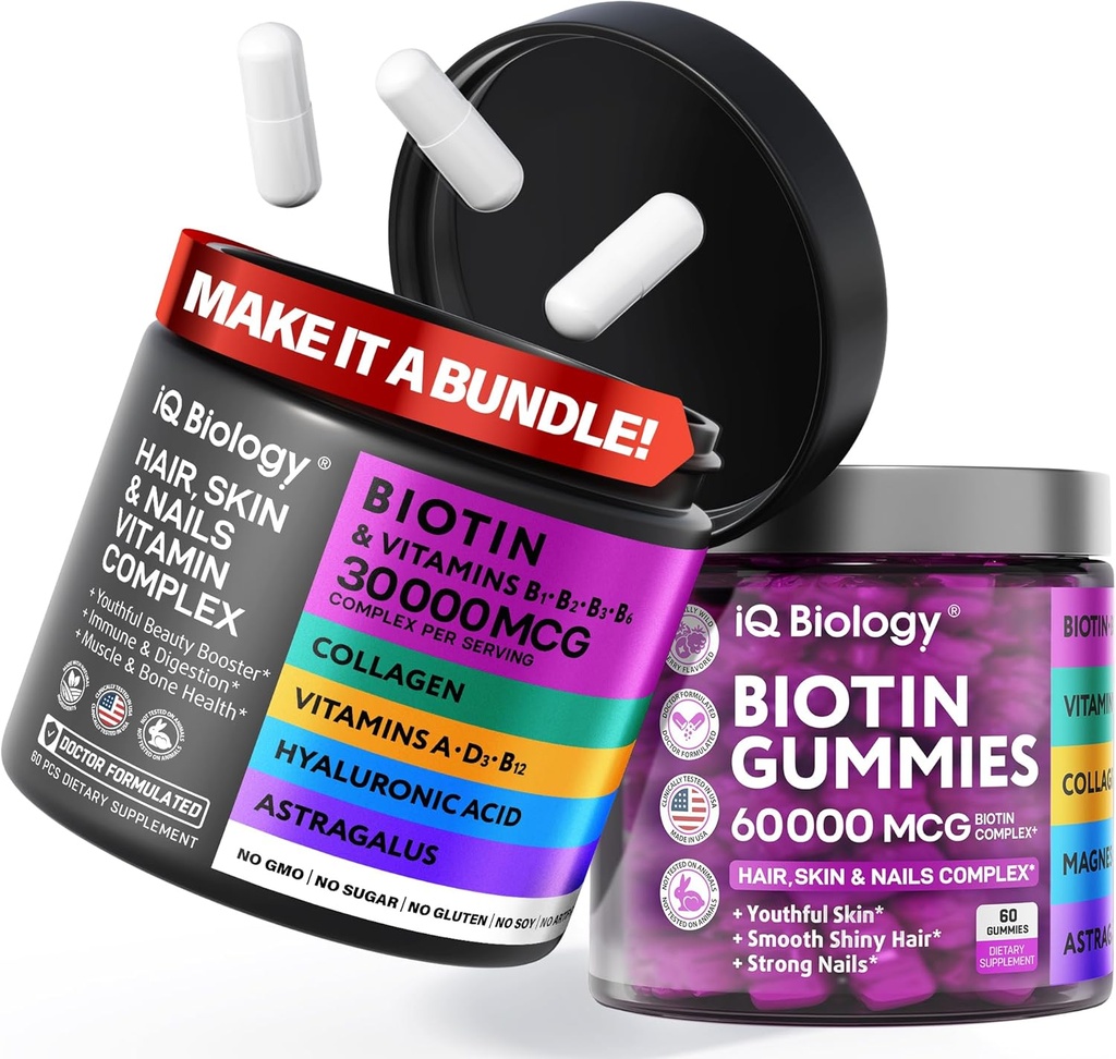 Biotina cresterea parului Bundle - Vitamine de biotina si capsule keratina + Gume de par cu colagen si astragalus - unghii de par vitamine pentru femei si barbati 60 Capsuri + 60 Gume